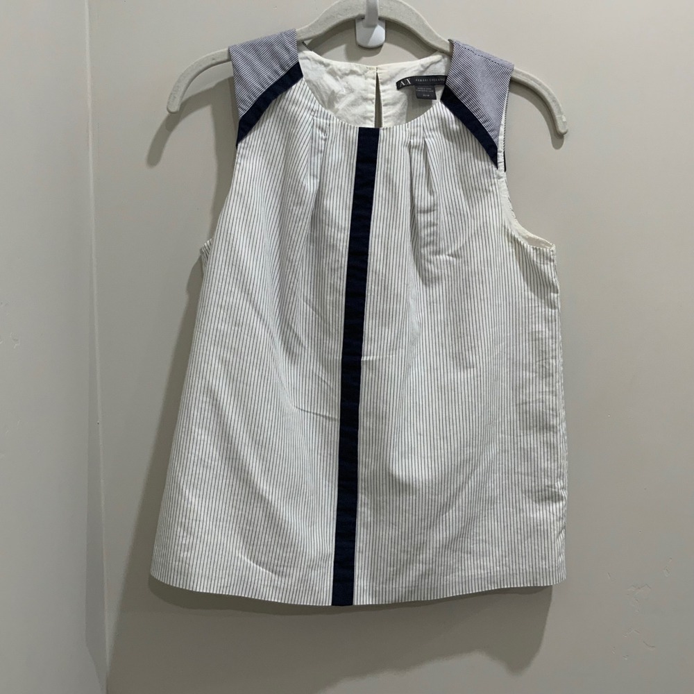 Armani Exchange Womens XS Pinstripe Sleeveless Blouse Navy Blue White Nautical